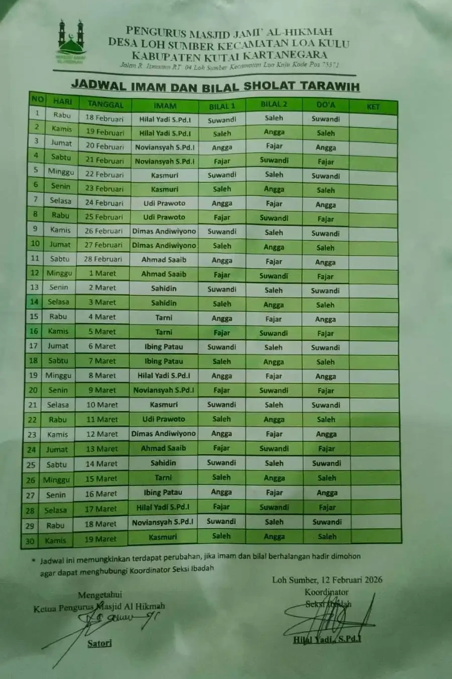 Jadwal Tarawih Lengkap